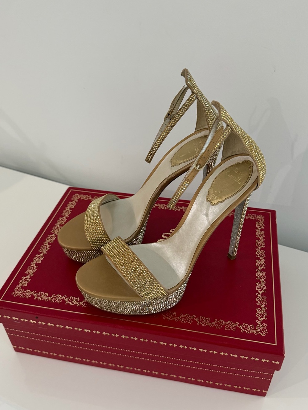 Gold Crystal Embellished High Heel Sandals - Women's